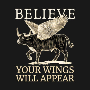 Believe - Motivational Winged Bull - Fun Retro T-Shirt