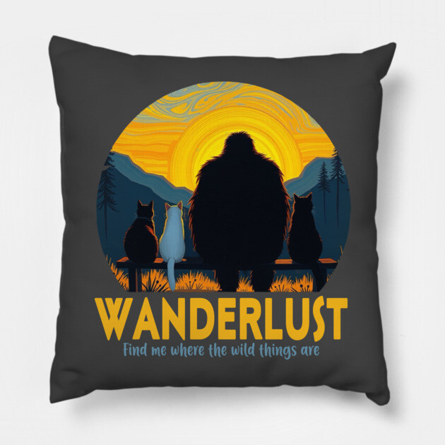 Wanderlust- Sasquatch hanging with cats Pillow by Pete the Cat Guy