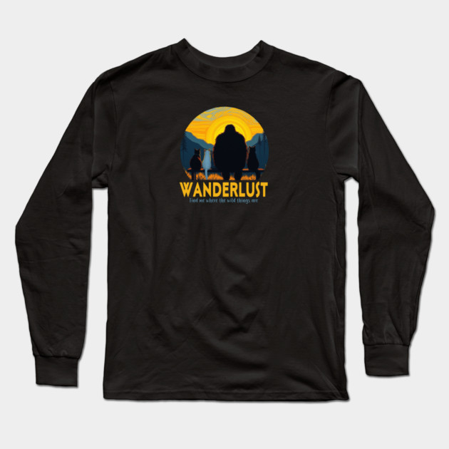 Wanderlust- Sasquatch hanging with cats Long Sleeve T-Shirt by Pete the Cat Guy