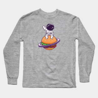 Cute Astronaut Sitting On Burger Planet In Space Cartoon Long Sleeve T-Shirt