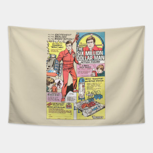 70'a Distressed Retro Vintage Six Million Dollar Man Toy Ad Design Tapestry
