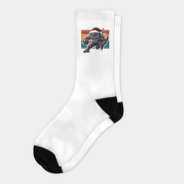 American Football T-Rex Christmas Lights Socks by JessArty