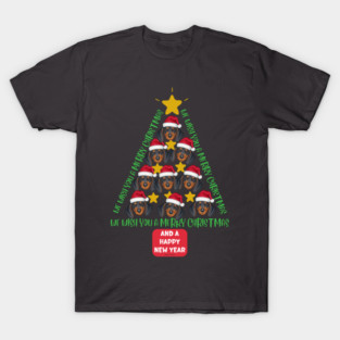 Cute Dachshund heads inside a Christmas Tree wishing you a merry christmas and a happy new year T-Shirt