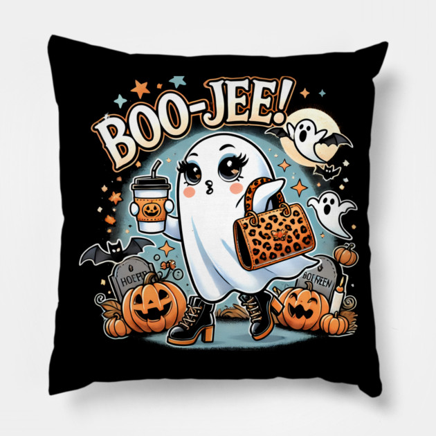 Funny Halloween Ghost Boo jee, Pumpkin Pillow by logiamerch