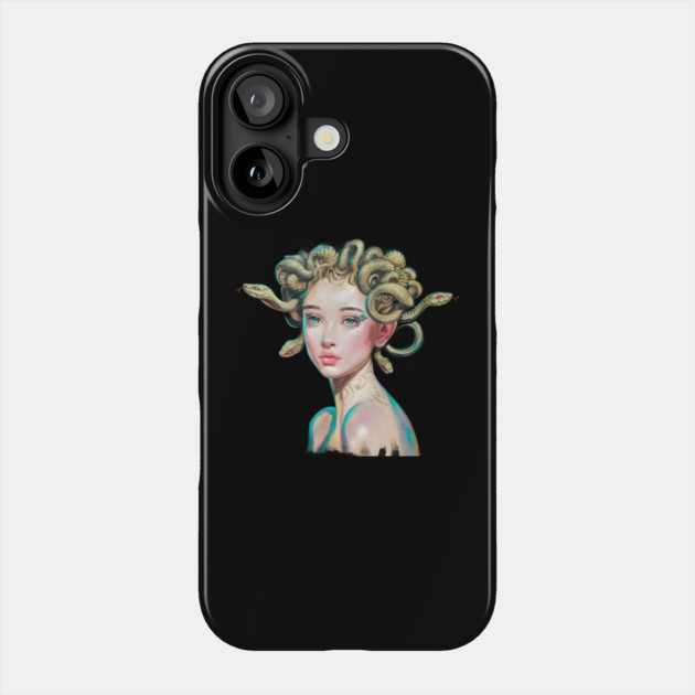 Her Hair Consists of Snakes with Art Nouveau Patterns and Red Eyes, Framing Her Face Phone Case by animegirlnft