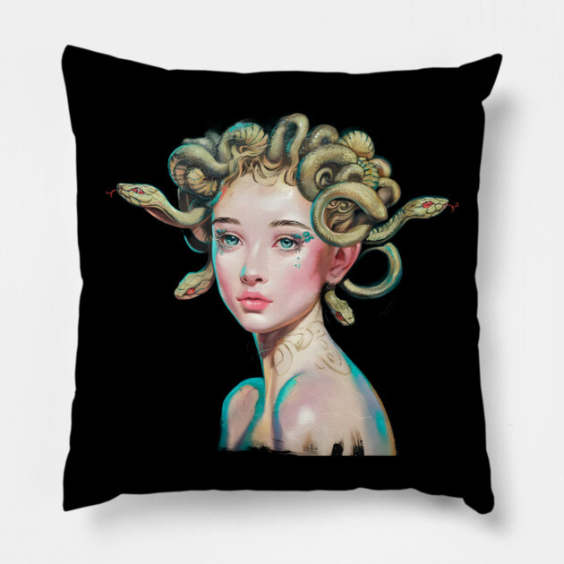 Her Hair Consists of Snakes with Art Nouveau Patterns and Red Eyes, Framing Her Face Pillow by animegirlnft