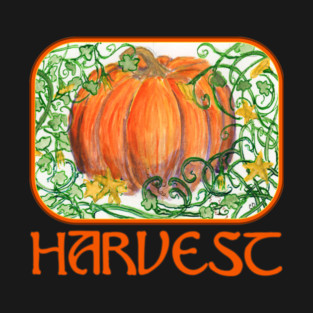 Autumn Pumpkin with Vines and Flowers on Bristol, Watercolor and Ink Painting T-Shirt