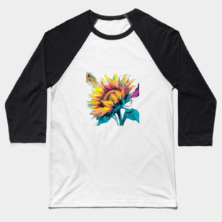 Composition Highlights the Sunflower Large, Expressive Petals, Bursting with a Kaleidoscope of Colors such as Bright Yellows, Deep Oranges, and Rich Browns Baseball T-Shirt