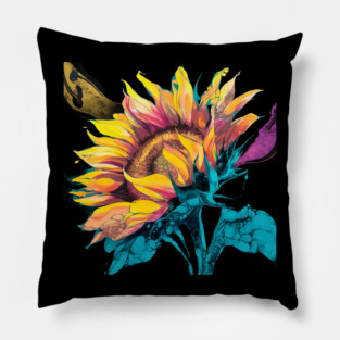 Composition Highlights the Sunflower Large, Expressive Petals, Bursting with a Kaleidoscope of Colors such as Bright Yellows, Deep Oranges, and Rich Browns Pillow