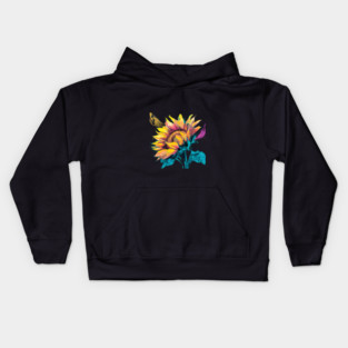 Composition Highlights the Sunflower Large, Expressive Petals, Bursting with a Kaleidoscope of Colors such as Bright Yellows, Deep Oranges, and Rich Browns Kids Hoodie