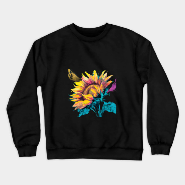 Composition Highlights the Sunflower Large, Expressive Petals, Bursting with a Kaleidoscope of Colors such as Bright Yellows, Deep Oranges, and Rich Browns Crewneck Sweatshirt by animegirlnft
