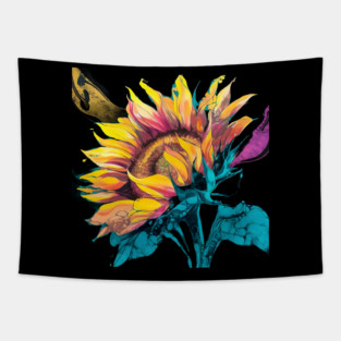 Composition Highlights the Sunflower Large, Expressive Petals, Bursting with a Kaleidoscope of Colors such as Bright Yellows, Deep Oranges, and Rich Browns Tapestry