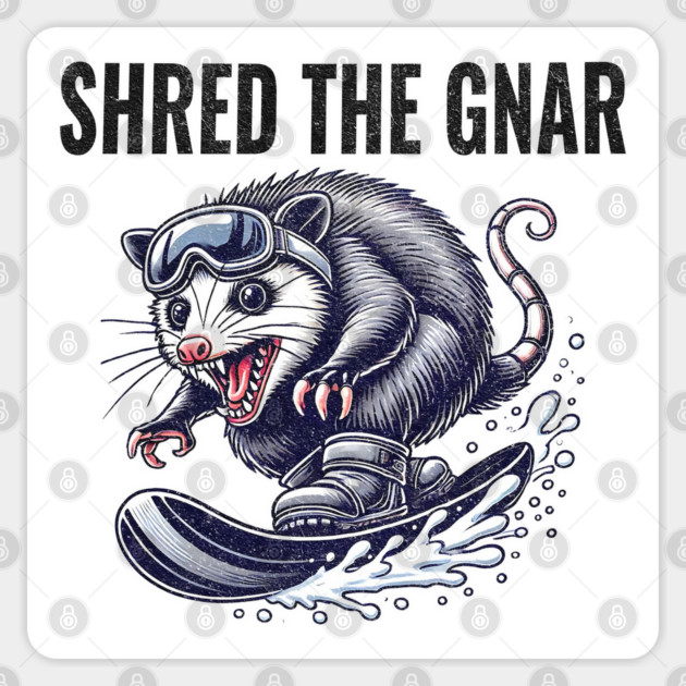 Shred the Gnar, feral snowboarding possum Sticker by Luxinda