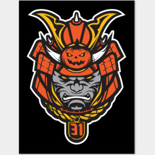 Samurai Spirit Halloween | Samurai Mask with Jack-o'-Lantern & Gold Chain | Spooky Season Streetwear Posters and Art