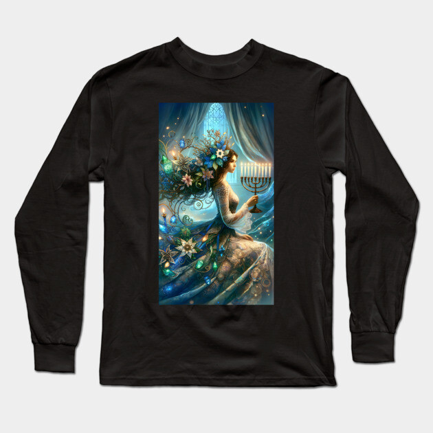 Hannukah Beautiful Woman with Menorah Long Sleeve T-Shirt by HolidayBug