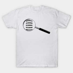 Binary Magnifying Glass “What?” (01010111 01101000 01100001 01110100 00111111) T-Shirt