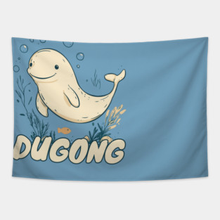 Cute Dugong Cartoon with Letter D - Fun Sea Animal Alphabet Design Tapestry