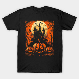 Retro Halloween Haunted House - Movie Poster Style T-Shirt