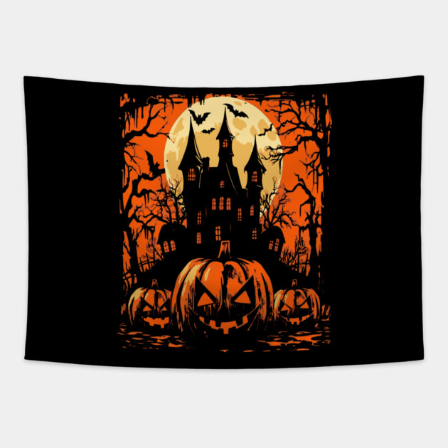 Retro Halloween Haunted House - Movie Poster Style Tapestry by TuncGK