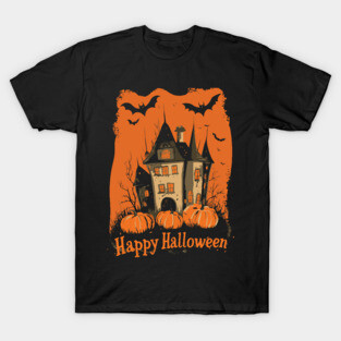 Hipster Halloween Haunted House & Pumpkins Silhouette Design T-Shirt