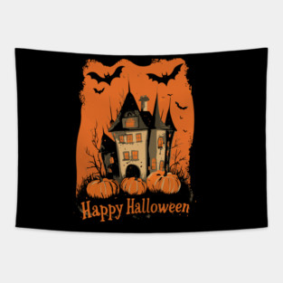 Hipster Halloween Haunted House & Pumpkins Silhouette Design Tapestry