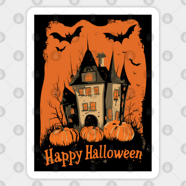 Hipster Halloween Haunted House & Pumpkins Silhouette Design Sticker by TuncGK