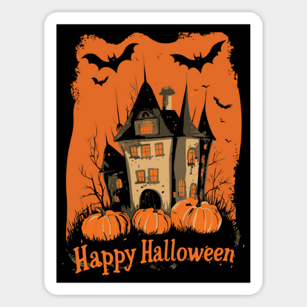 Hipster Halloween Haunted House & Pumpkins Silhouette Design Magnet by TuncGK