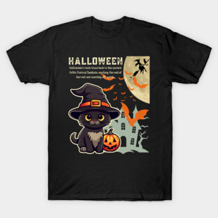 Witch Cat Celebrating Halloween - Infographic Dark Chic for Girls and Kids T-Shirt