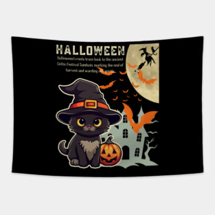 Witch Cat Celebrating Halloween - Infographic Dark Chic for Girls and Kids Tapestry