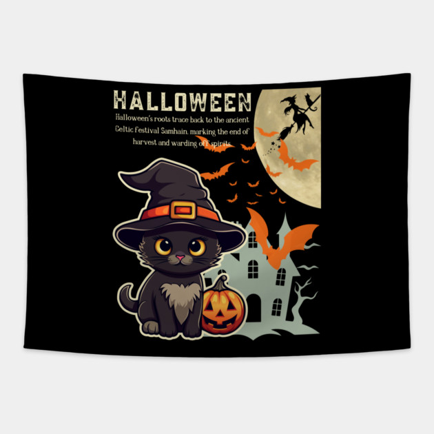 Witch Cat Celebrating Halloween - Infographic Dark Chic for Girls and Kids Tapestry by TuncGK