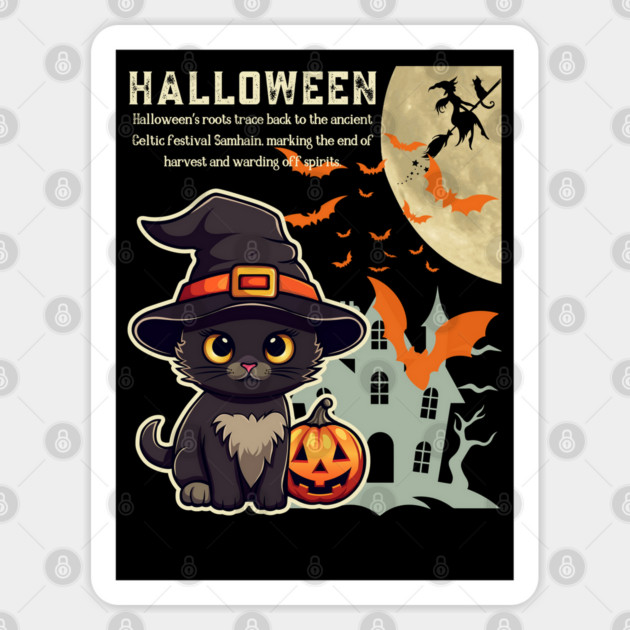 Witch Cat Celebrating Halloween - Infographic Dark Chic for Girls and Kids Sticker by TuncGK