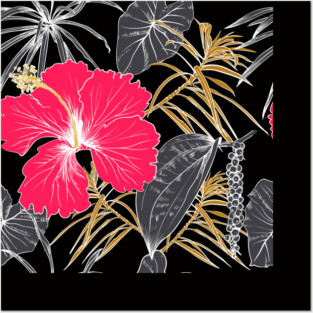 Tropical exotic flowers and leaves Posters and Art