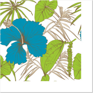Tropical exotic flowers and leaves Posters and Art