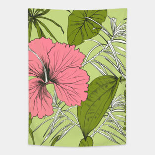 Tropical exotic flowers and leaves Tapestry