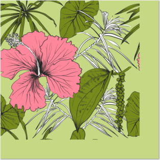Tropical exotic flowers and leaves Posters and Art