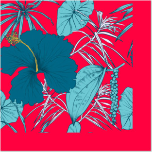 Tropical exotic flowers and leaves Posters and Art