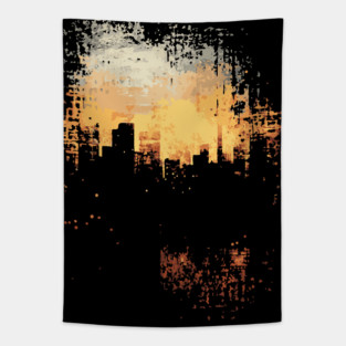 Futuristic Grunge City Silhouette - Postmodern Chaos Tapestry