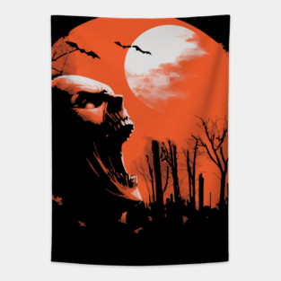 Spooky Skeleton Silhouette - Retro Moonlit Halloween Tapestry