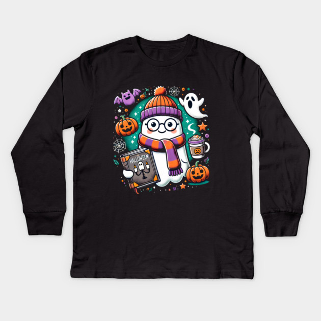 Cute Funny Halloween Geek Ghost Kids Long Sleeve T-Shirt by logiamerch