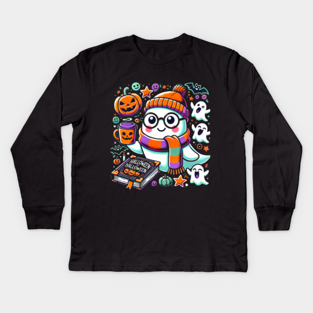 Cute Funny Halloween Geek Ghost Kids Long Sleeve T-Shirt by logiamerch