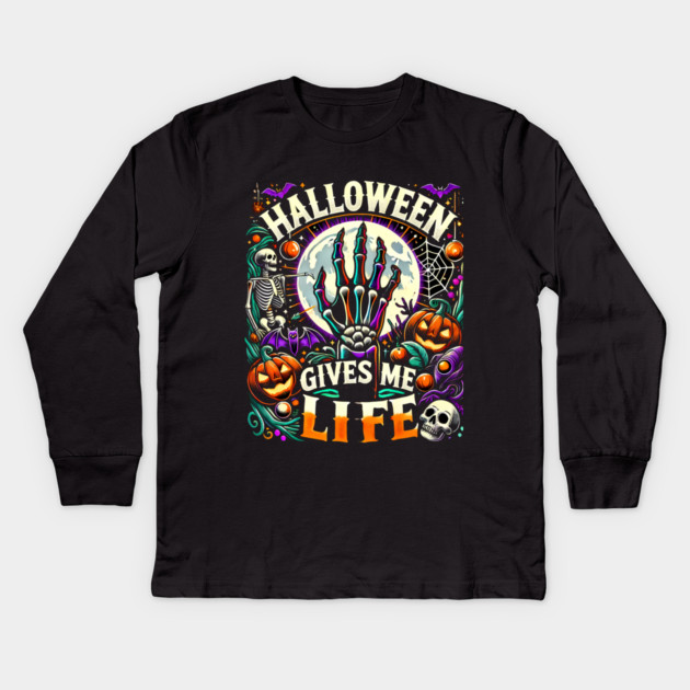 Funny Halloween Gives me Life, Spooky Design Kids Long Sleeve T-Shirt by logiamerch