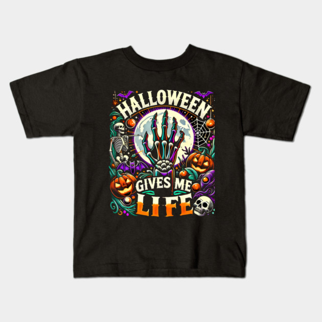 Funny Halloween Gives me Life, Spooky Design Kids T-Shirt by logiamerch