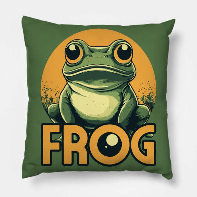 Cute Retro Frog with Green and Orange Tones Pillow by TuncGK