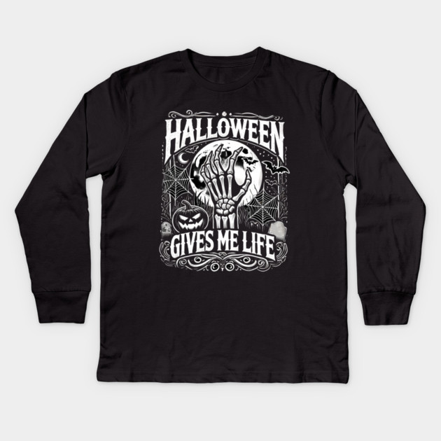 Funny Halloween Gives me Life, Spooky Design Kids Long Sleeve T-Shirt by logiamerch