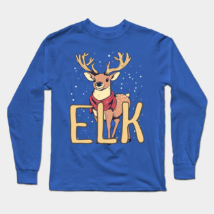 Cute Elk in Winter Scarf Illustration with Snowfall Long Sleeve T-Shirt