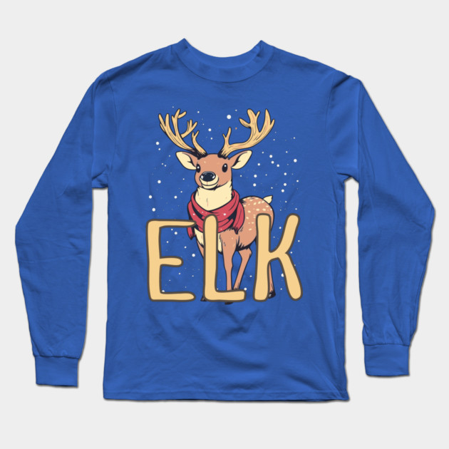 Cute Elk in Winter Scarf Illustration with Snowfall Long Sleeve T-Shirt by TuncGK