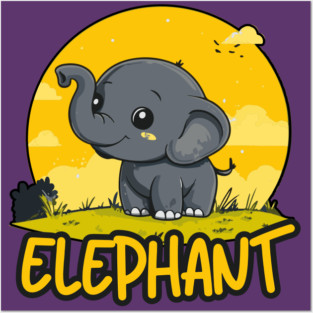 Baby Elephant under Retro Sunet - Gift for Kids and Girls Posters and Art