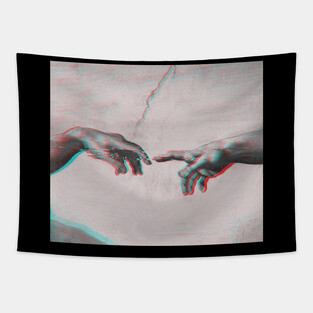 The Creation of Adam in GLITCH - Sistine Chapel near-touching hands of God and Adam Red Colorized Tapestry
