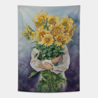 Ukrainian woman with sunflowers in hands Tapestry