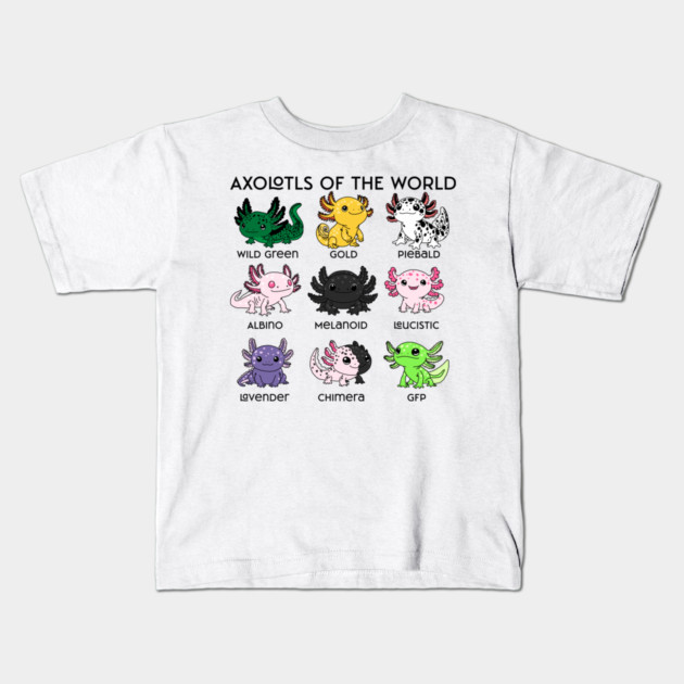 Kawaii Axolotls of the Worlds Kids T-Shirt by H. R. Sinclair